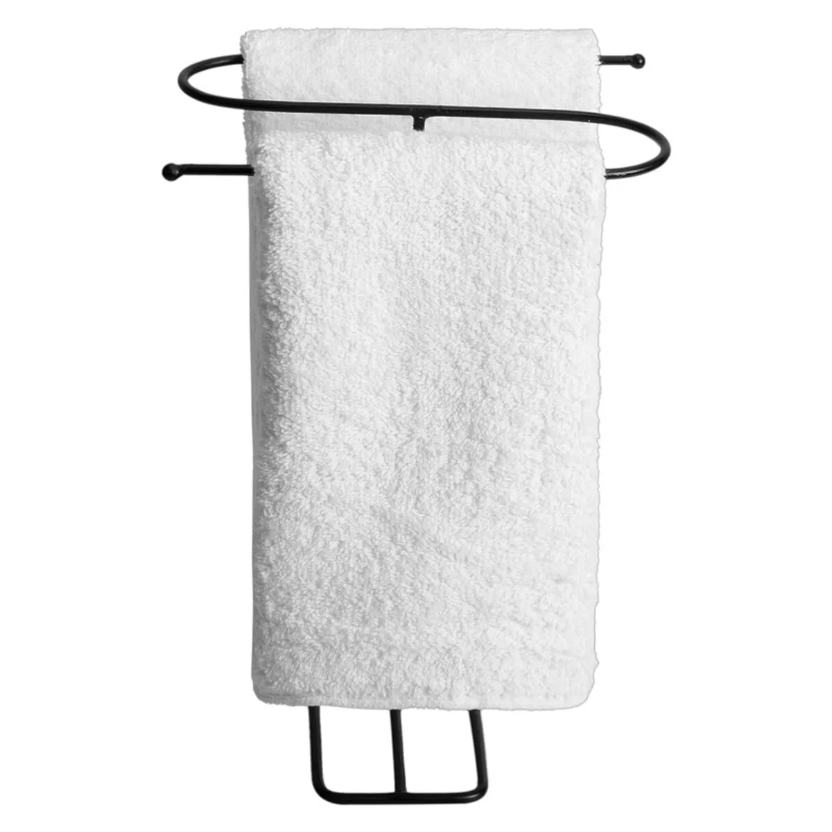 Close view of a white towel hanging from the black two-tier towel hanger