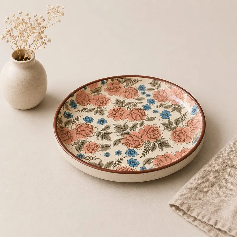 Single ceramic quarter plate with pink and blue floral design