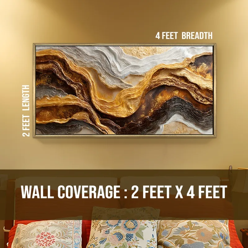 Framed abstract wall painting shown with 2 feet by 4 feet wall coverage graphic