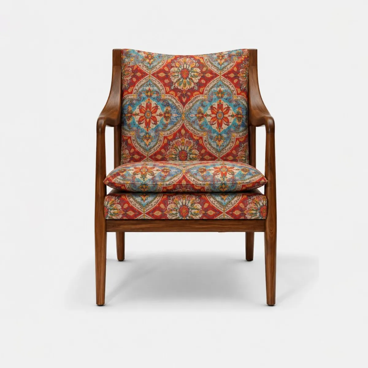 Straight-on view of a multicolour patterned accent chair with wooden arms