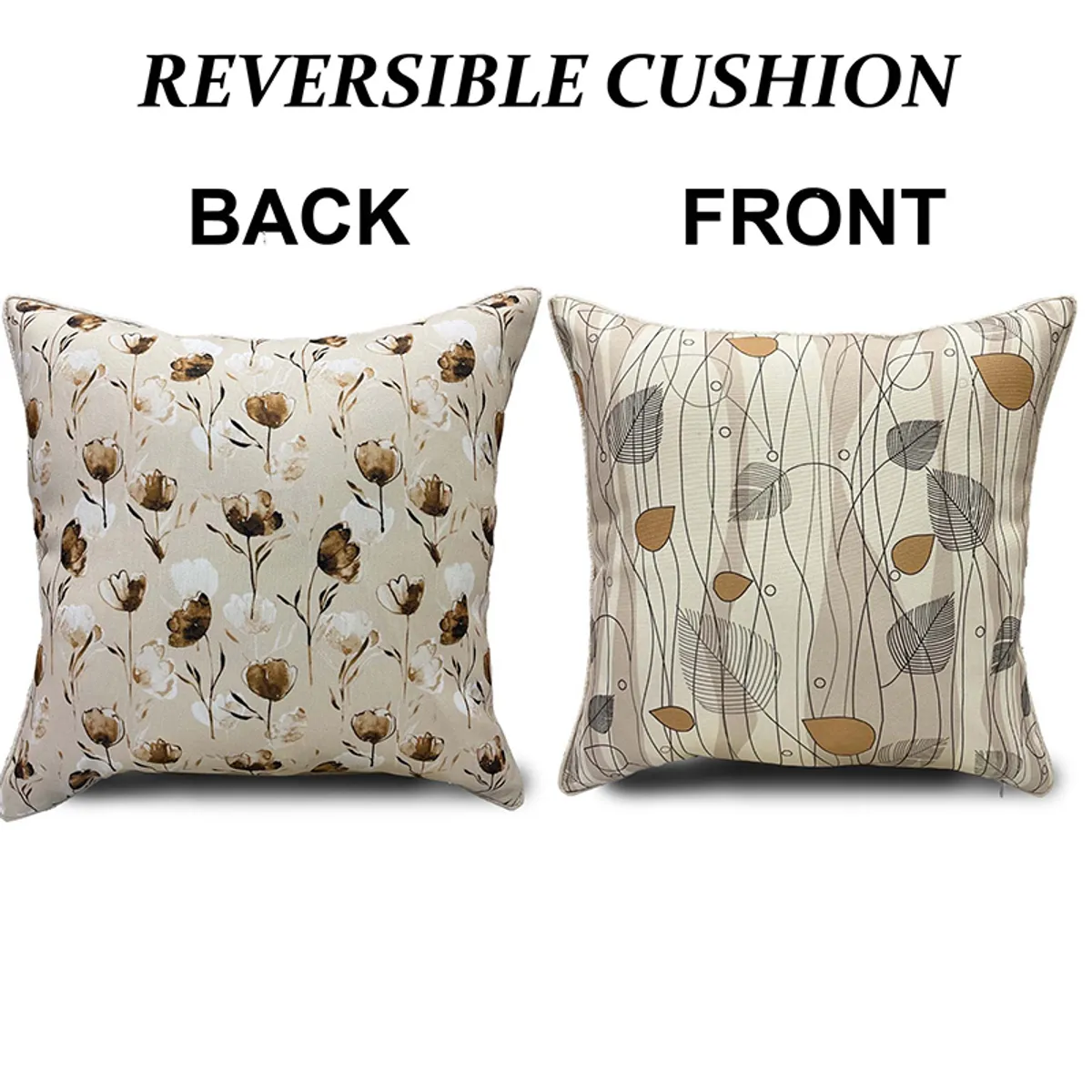 Two cushion covers shown side by side to display their reversible floral and leaf designs.