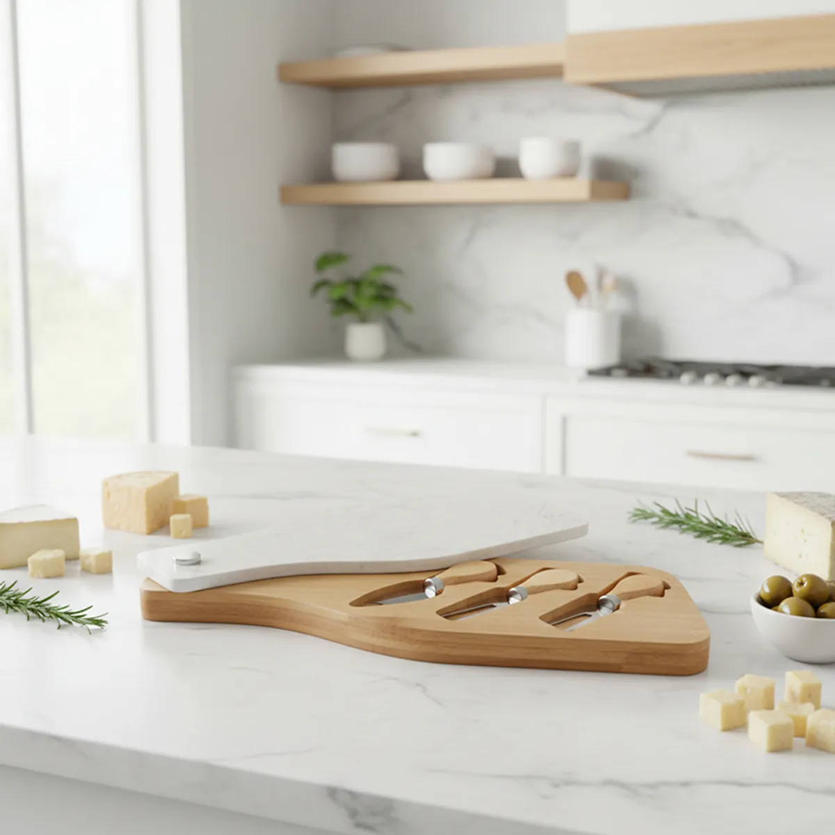 Cheese platter set styled on a bright kitchen island with cheese and olives