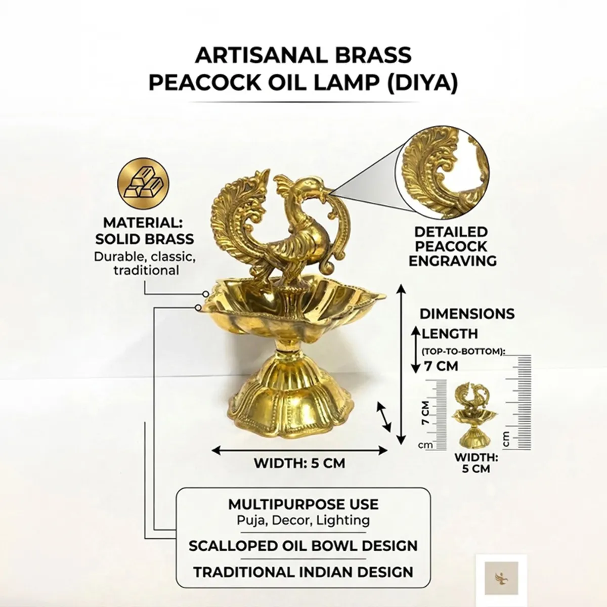 Gold peacock diya shown with a visible scalloped bowl and pedestal base