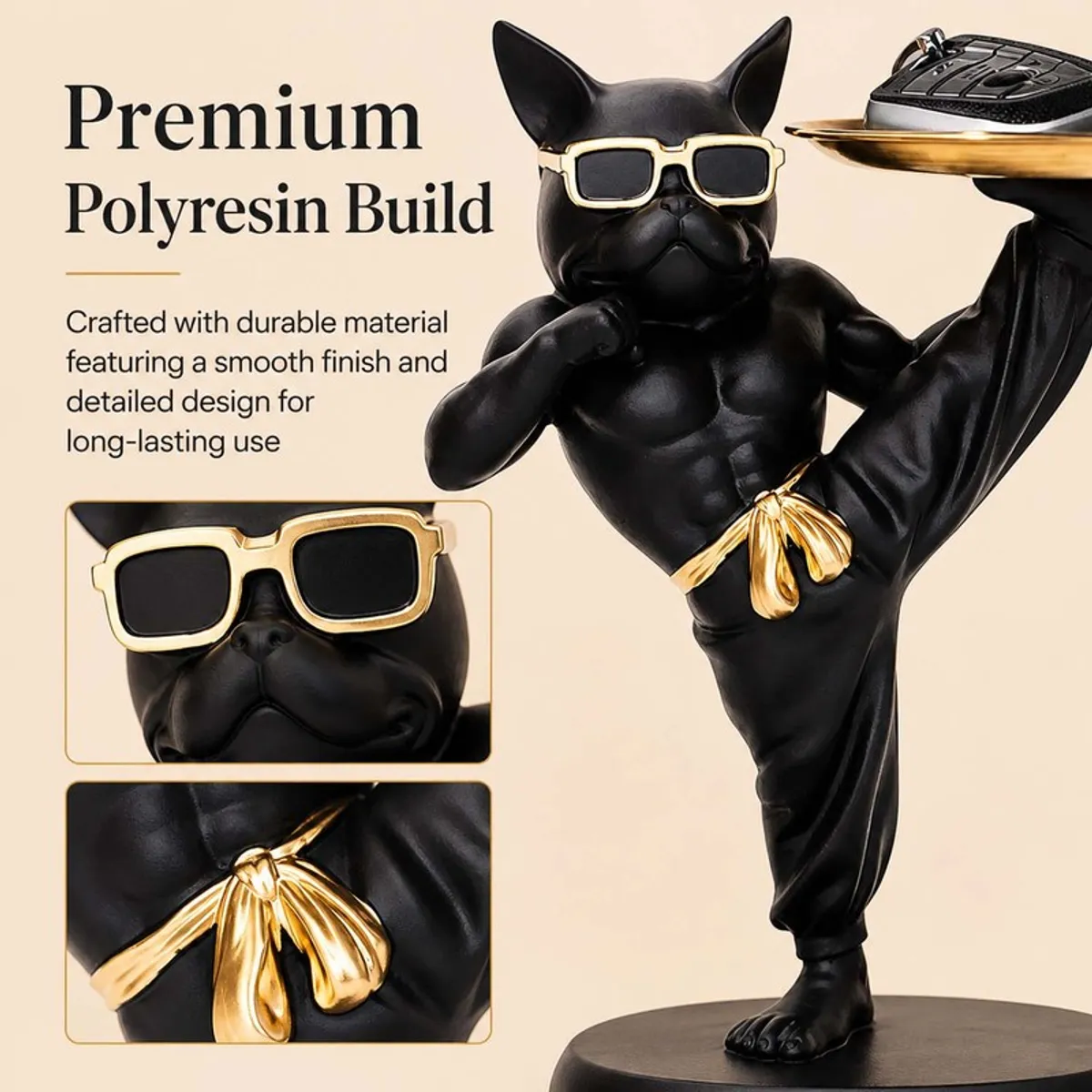 Black bulldog accent tray with glossy finish and gold detailing