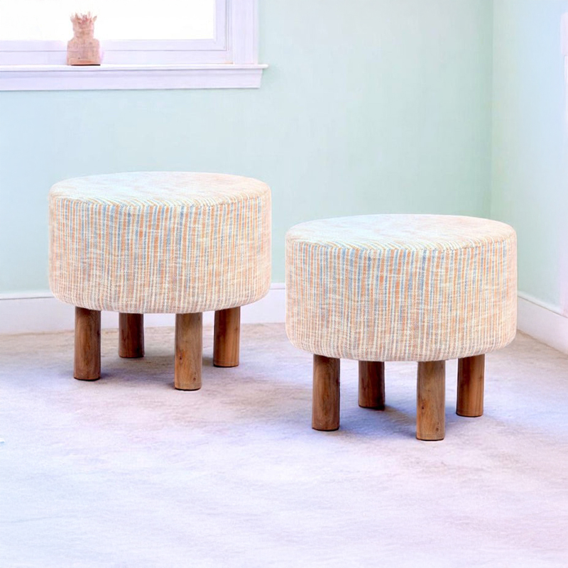 Nverix Acacia Wooden Ottomans (Beige) - Set Of Two