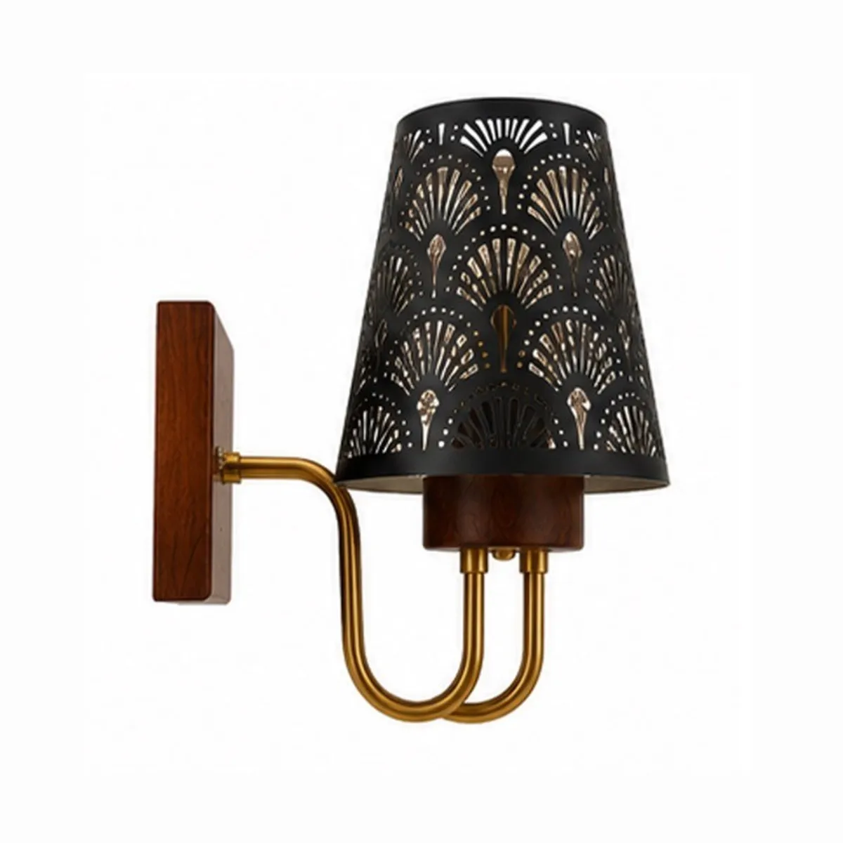 Side view of a black patterned wall lamp with a wood backplate and gold-toned arms.