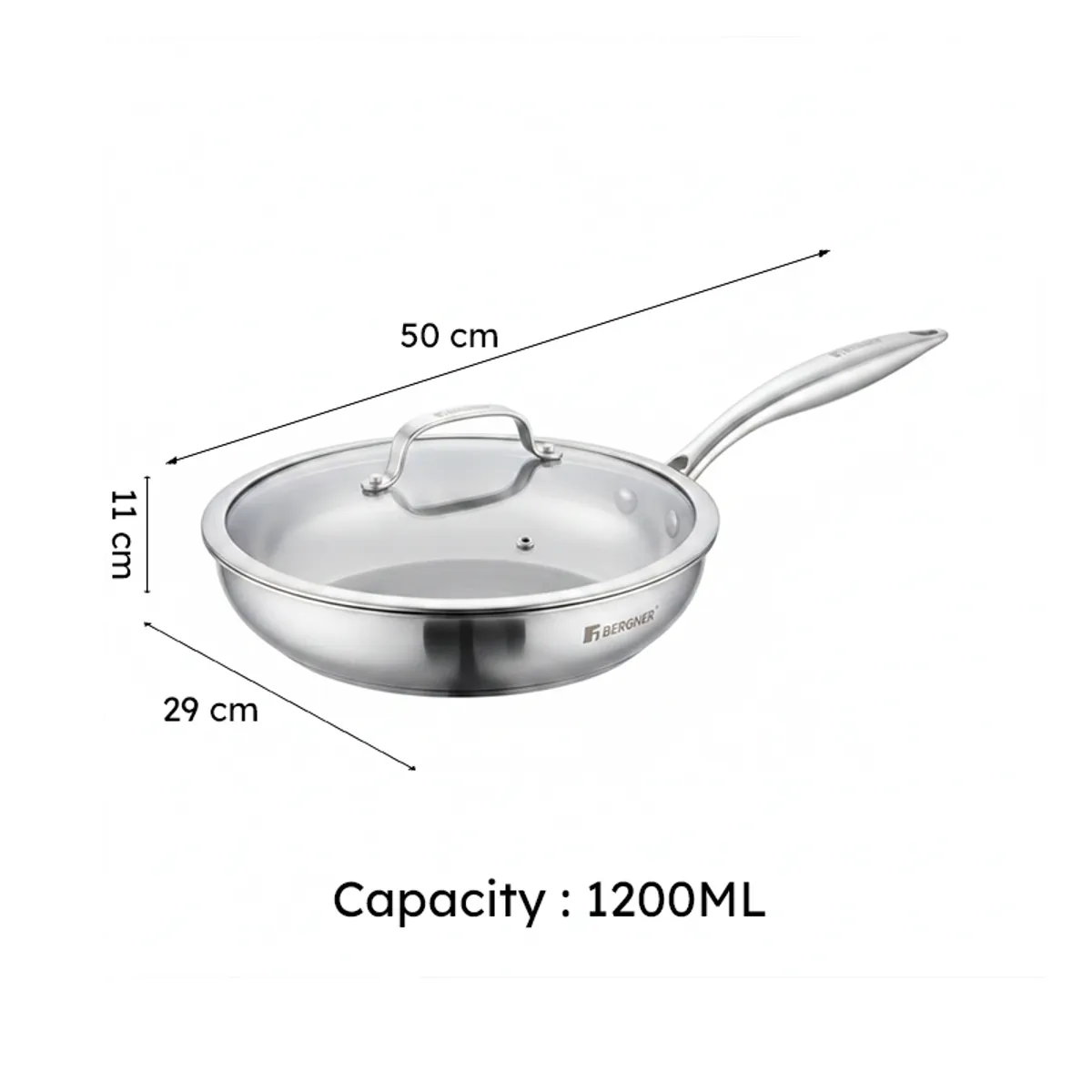 Silver frying pan with handle and glass lid shown with dimension arrows