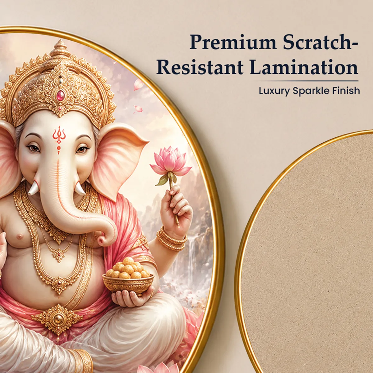 Close-up of round Ganesha wall art with decorative gold-toned border