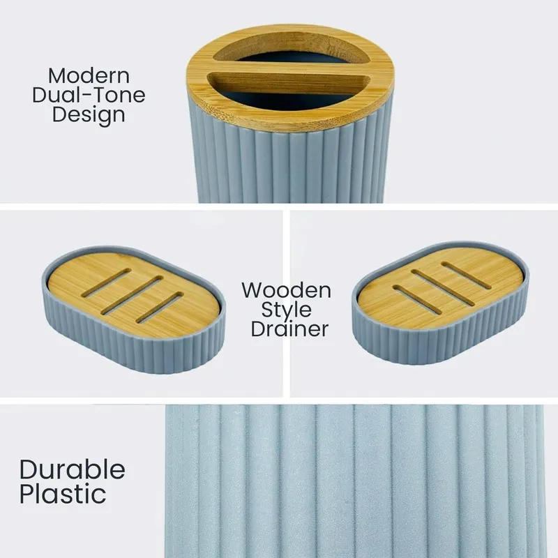 Close-up of the grey ribbed bathroom set with dual-tone detailing and draining soap dish