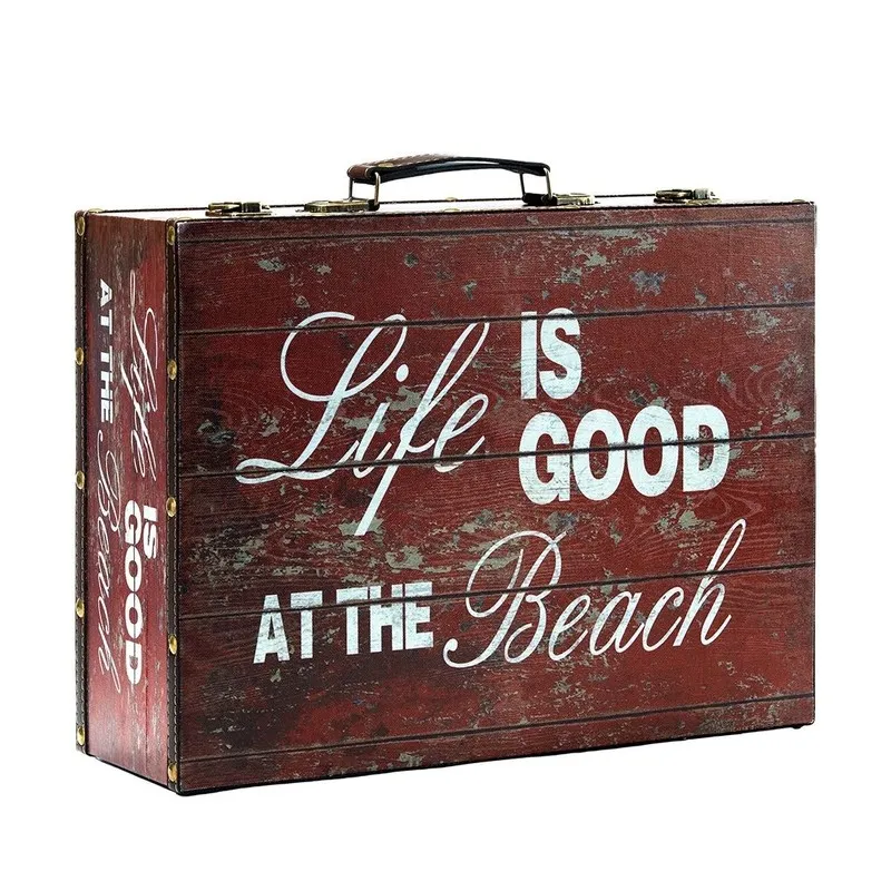 Brown suitcase-style storage box with distressed text print on a plain background