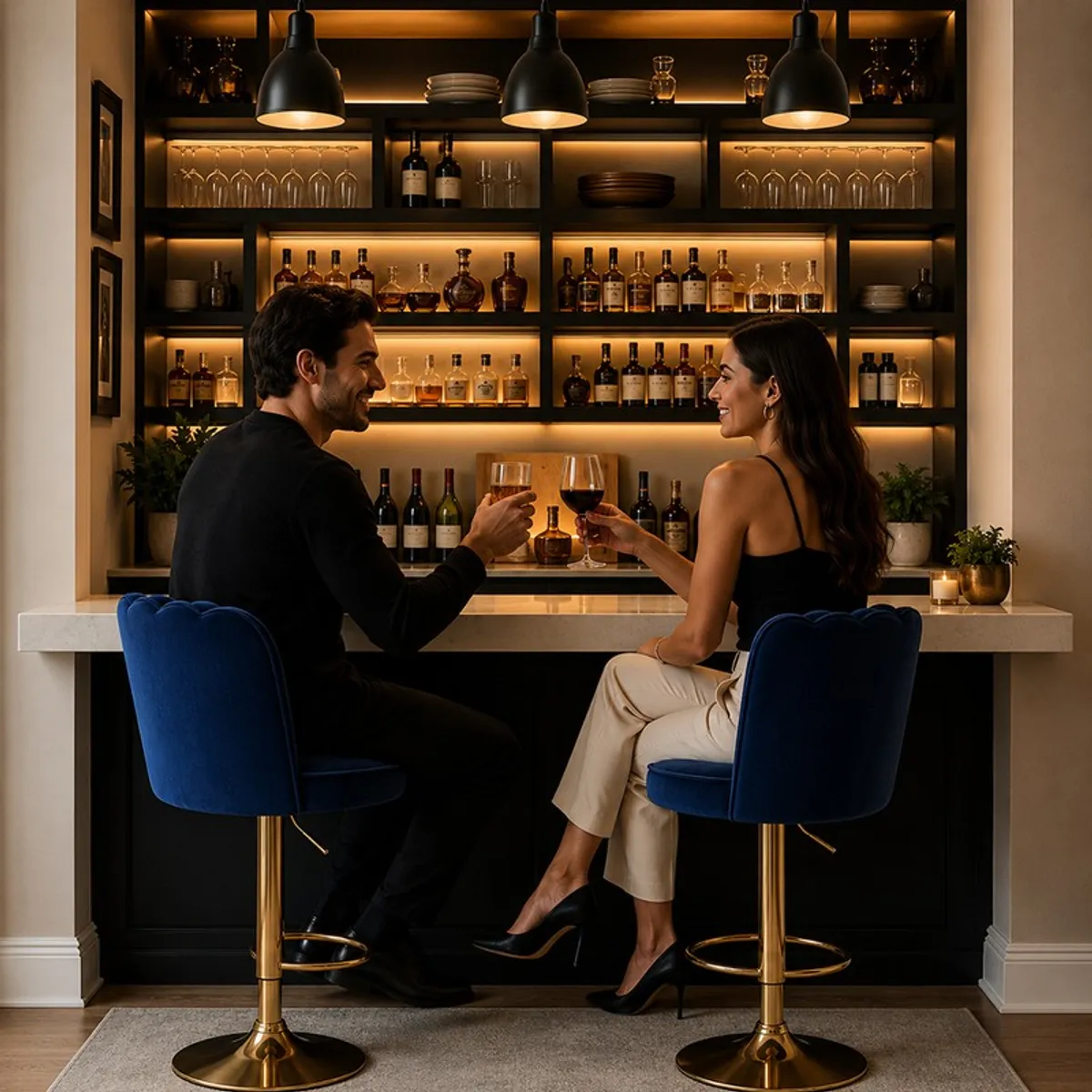 Two blue velvet bar chairs with gold-toned bases at a home bar