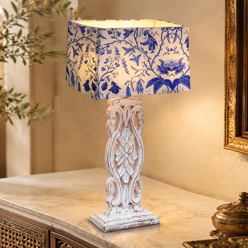 Marina Carved Floral Fabric Table Lamp - Blue,White