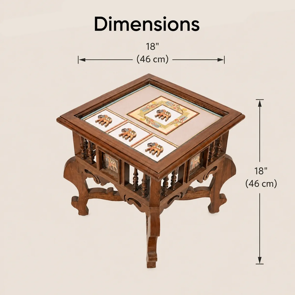 Angled view of the brown square side table with its dimensions shown