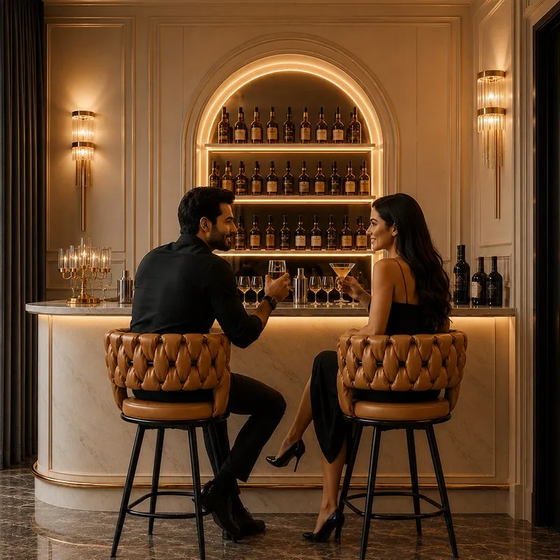 Two brown bar stools arranged at an elegant home bar
