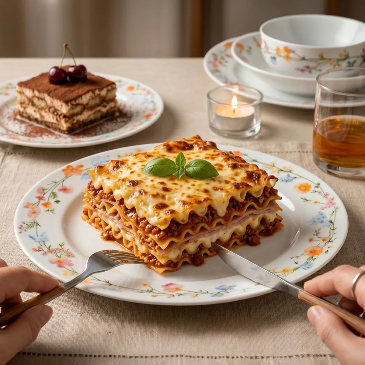 Floral rim dinner plate styled with lasagne on a dining table