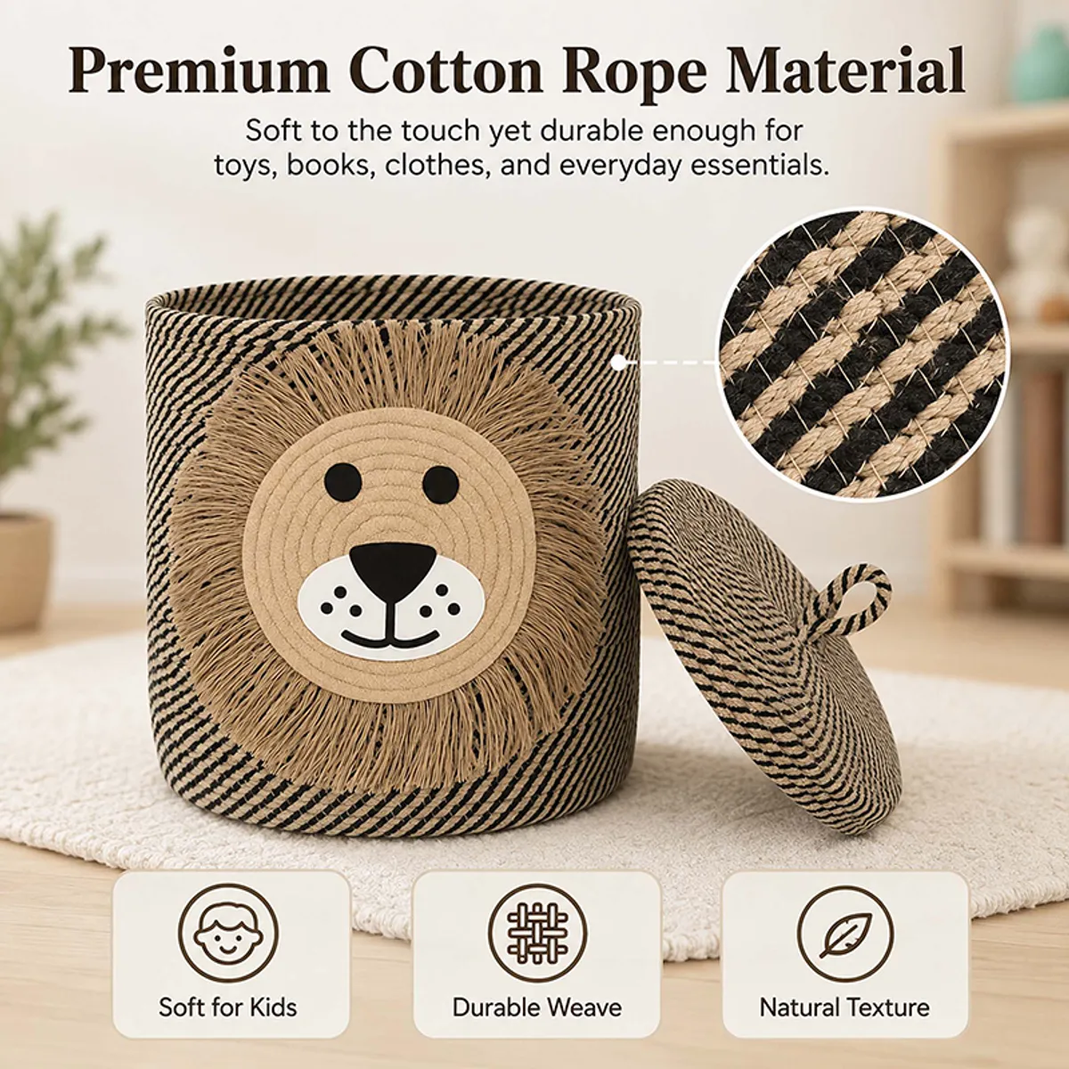 Cotton rope lion basket with lid and close-up of woven texture