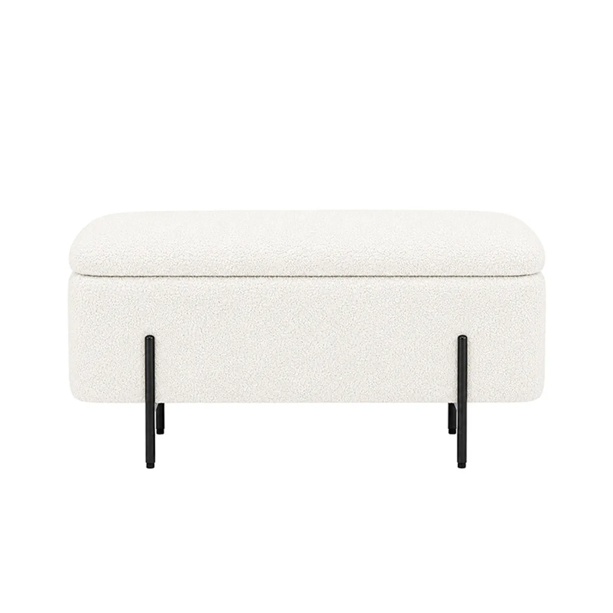 Front view of a white rounded rectangular storage bench with black metal legs