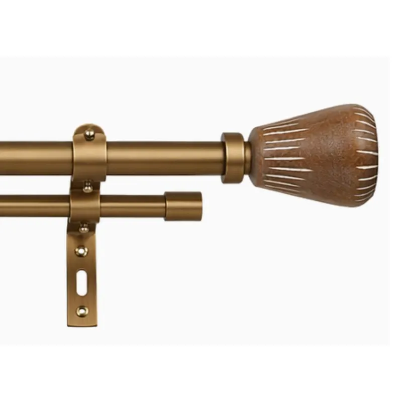 Close-up of double curtain rod with brown urn finial and bracket in metallic finish