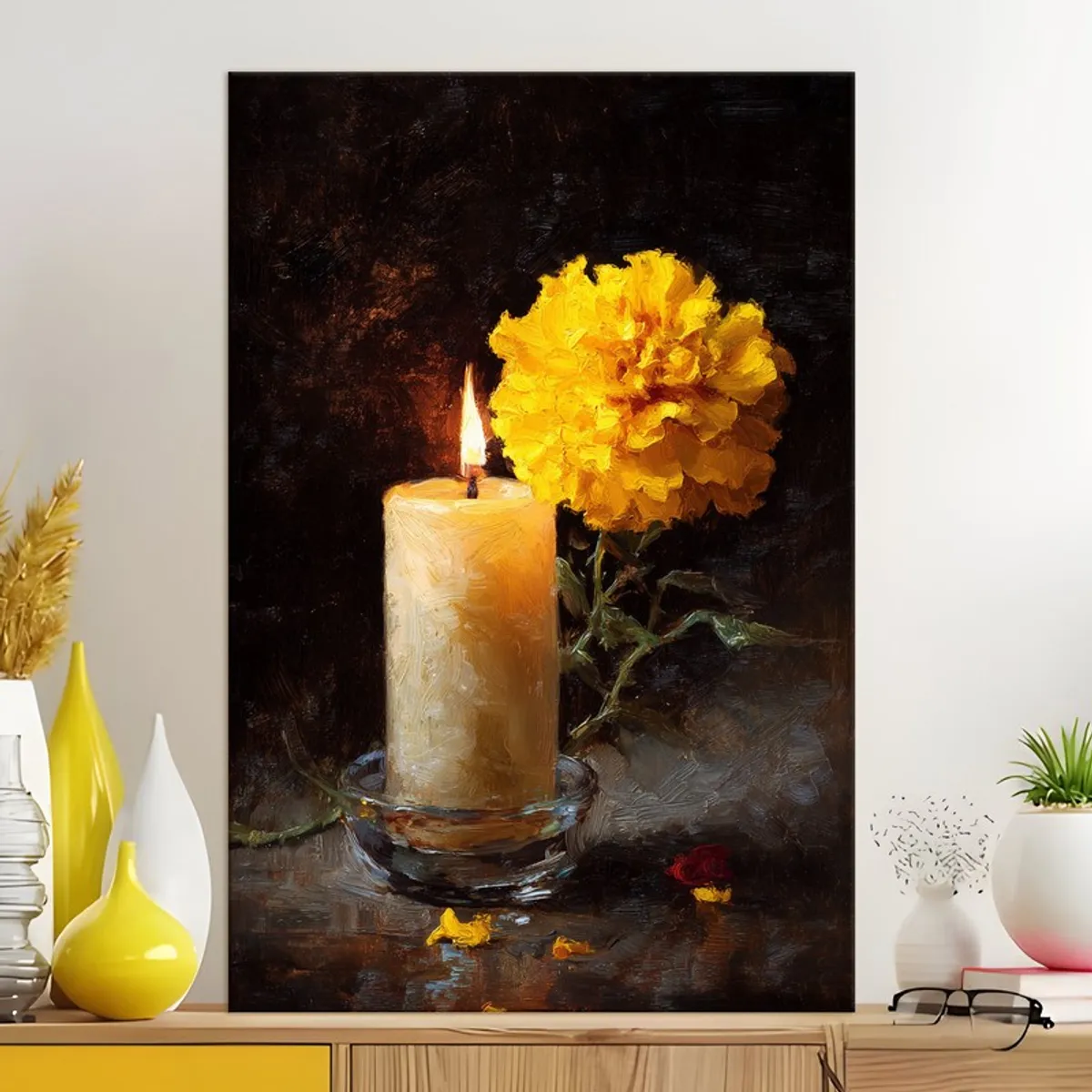 Large floral still-life canvas painting displayed on a console against a light wall