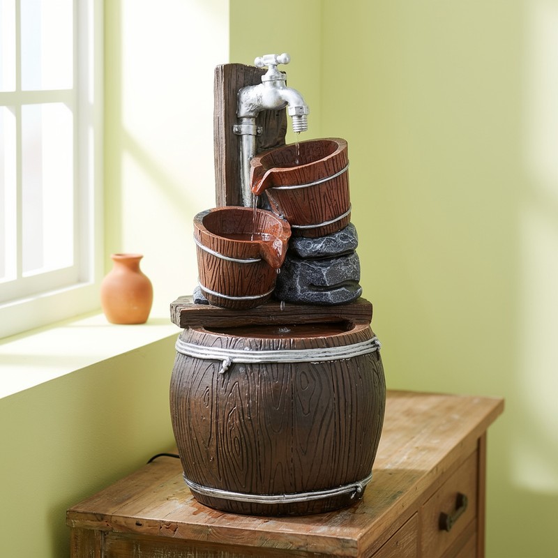 Rustic Barrel Cascade Water Fountain - Brown