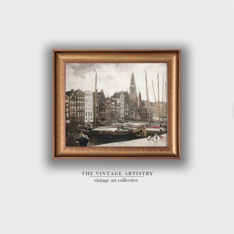 Framed vintage harbour scene painting on a plain light background
