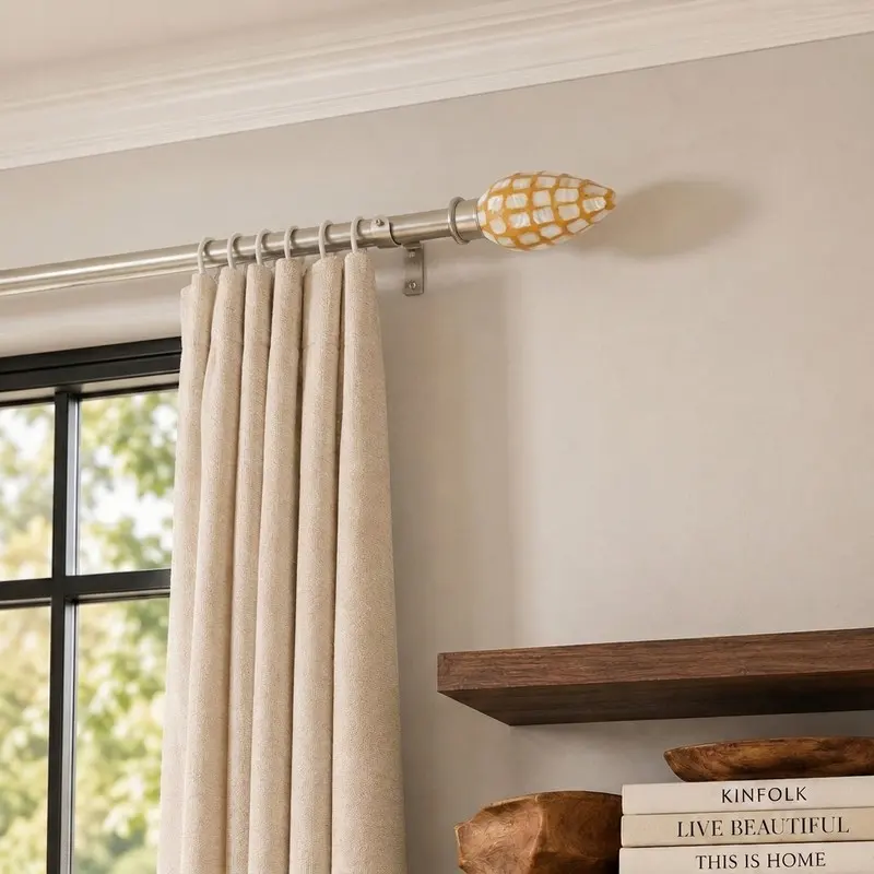 PrimeRod Extendable Stainless Steel Curtain Rod with Honey Comb MOP Finial & Bracket - Silver - XS