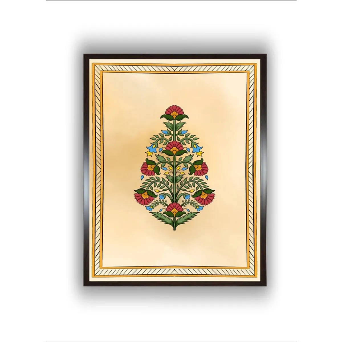 Straight front view of Mughal-inspired floral framed wall painting