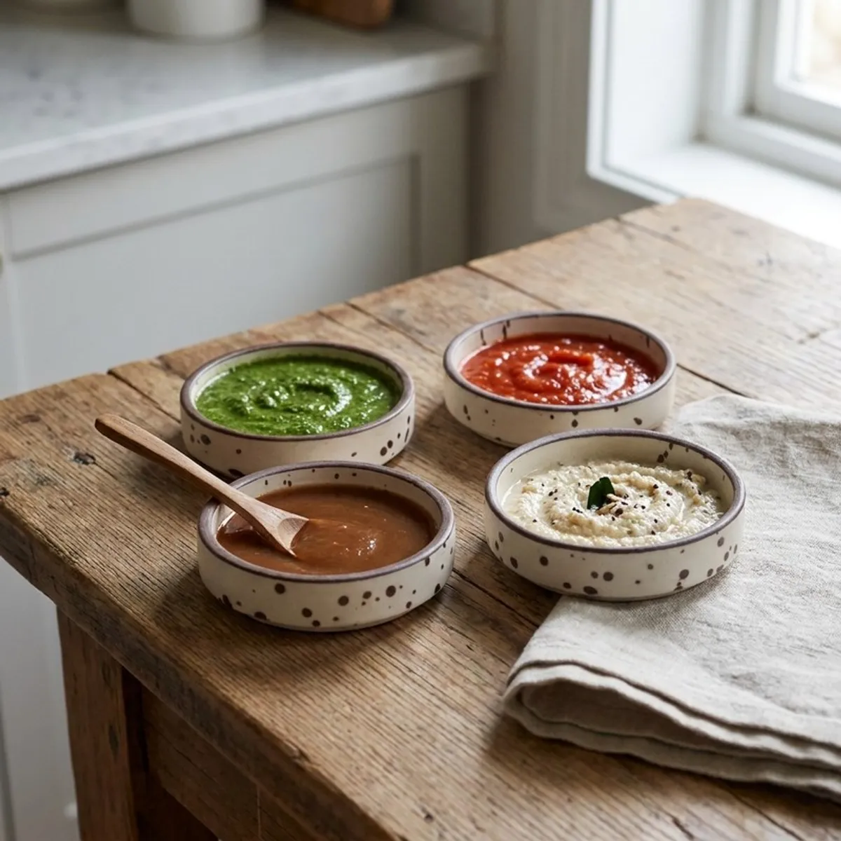 Four speckled ceramic dip bowls filled with sauces on a wooden table
