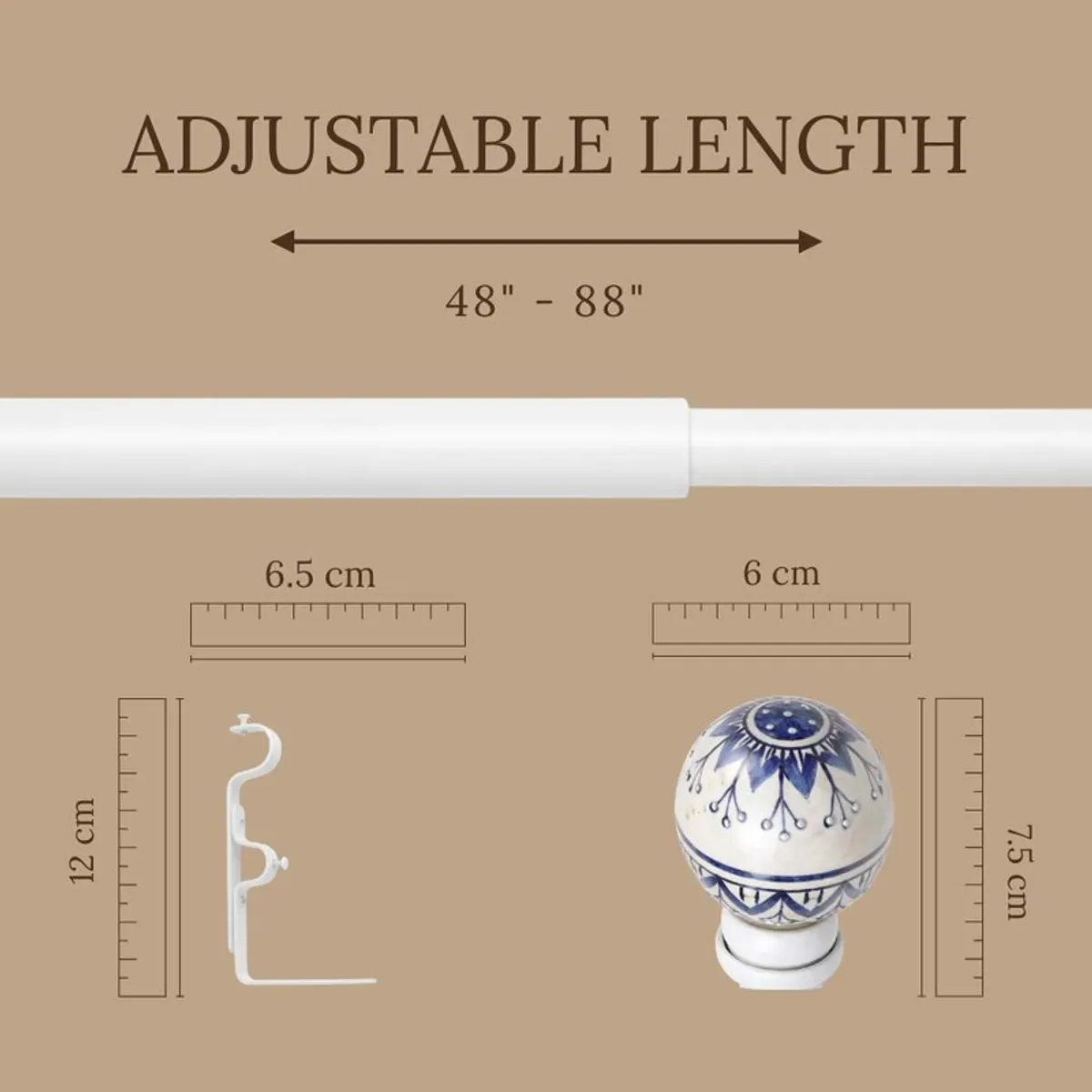 White extendable curtain rod with a round finial and wall bracket shown from the side