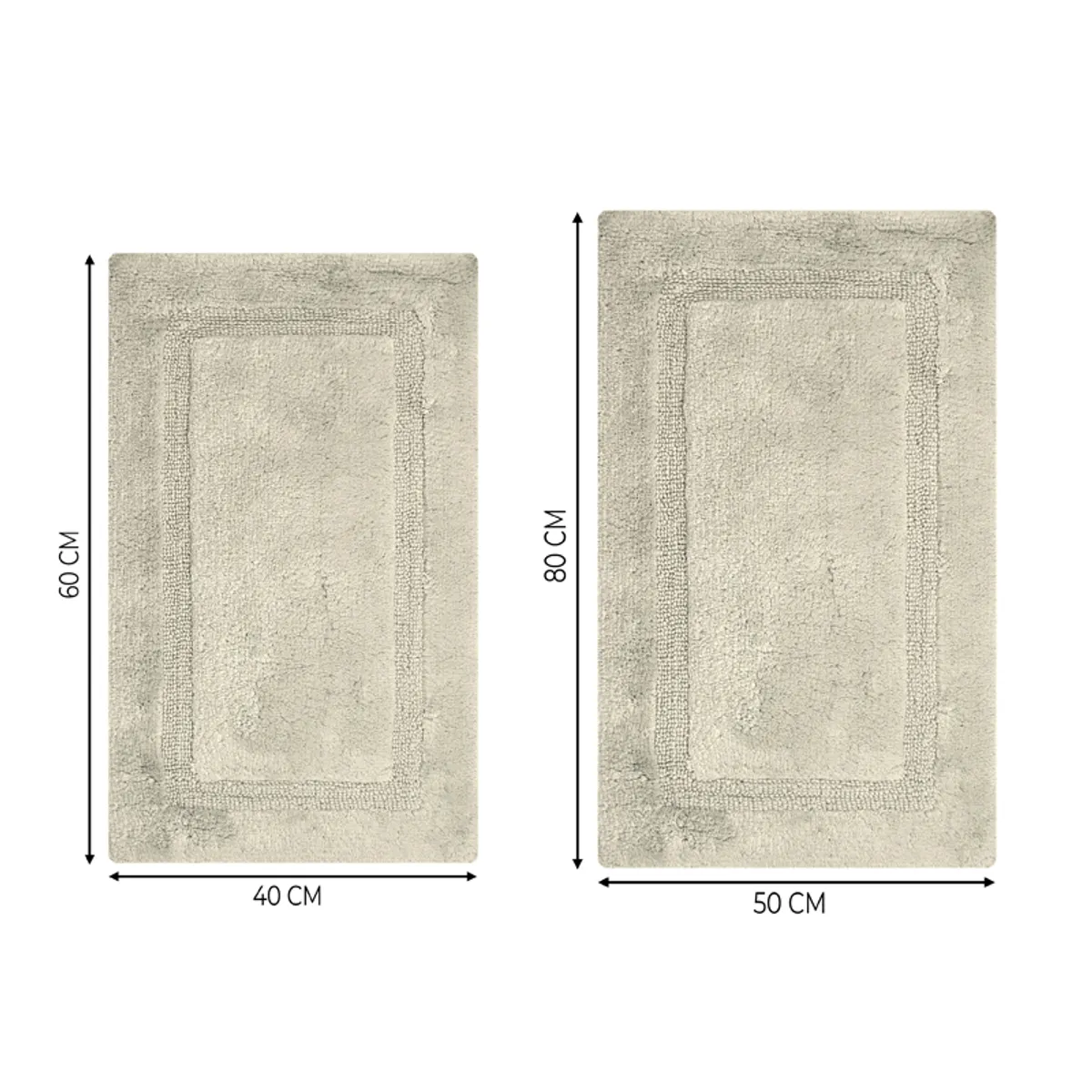 Two available bath mat sizes shown side by side with measurement arrows.