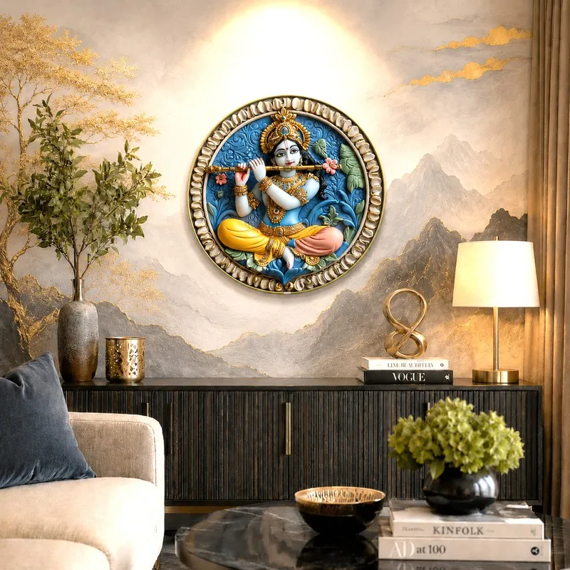 Round Krishna wall art styled above a dark console in a living room