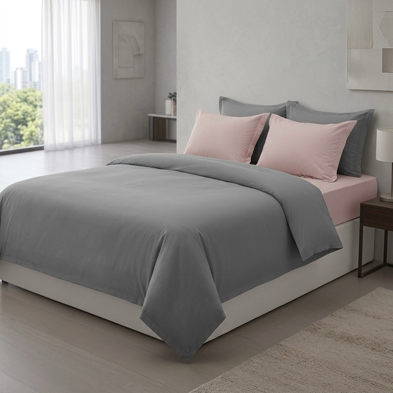 Soft Dusk Cotton Bedding Set (Grey,Pink) - Six Piece Set - King