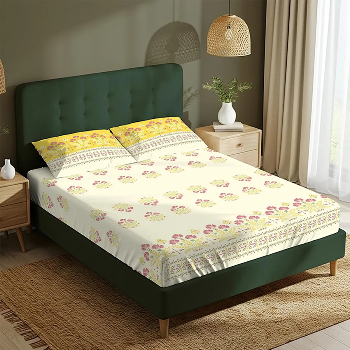Yellow and off-white floral bedsheet styled on a bed with matching pillow covers