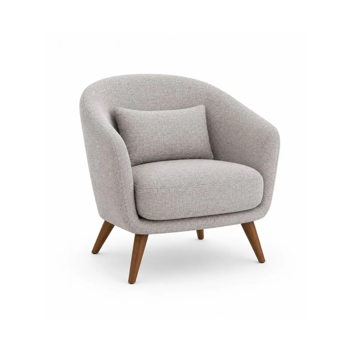 Three-quarter view of a grey rounded accent chair on teak legs