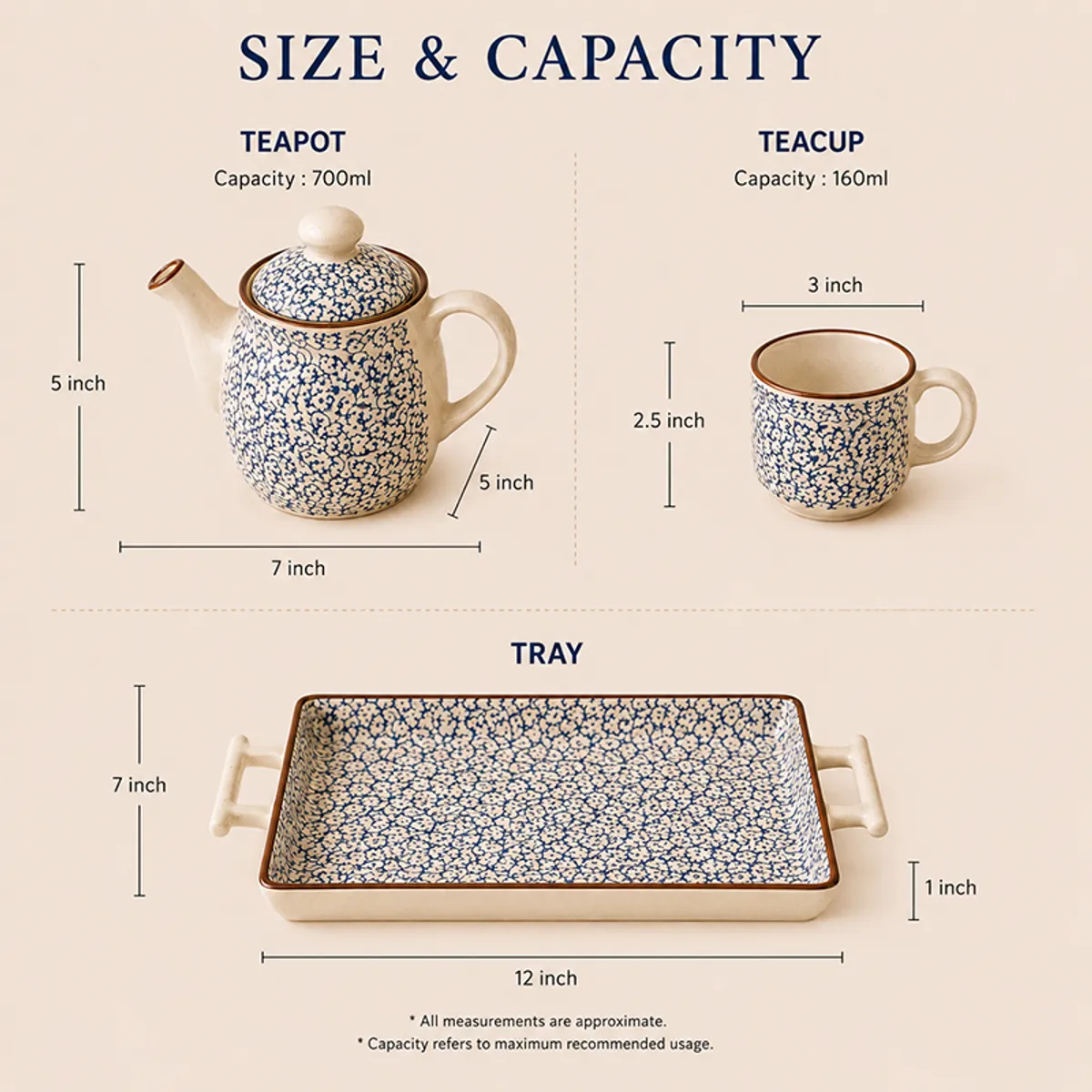 Size and capacity reference image for the teapot, teacup and tray