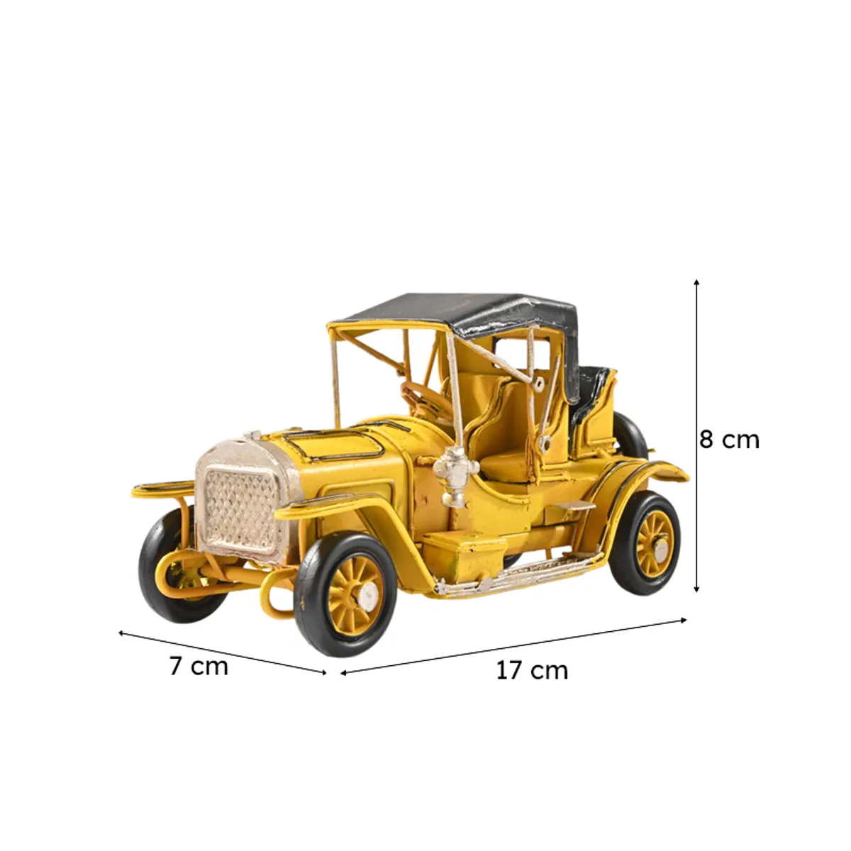 Yellow retro vehicle showpiece with dimensions shown visually