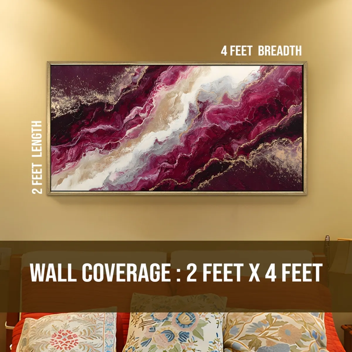 Large rectangular abstract painting shown with 4 feet by 2 feet wall coverage