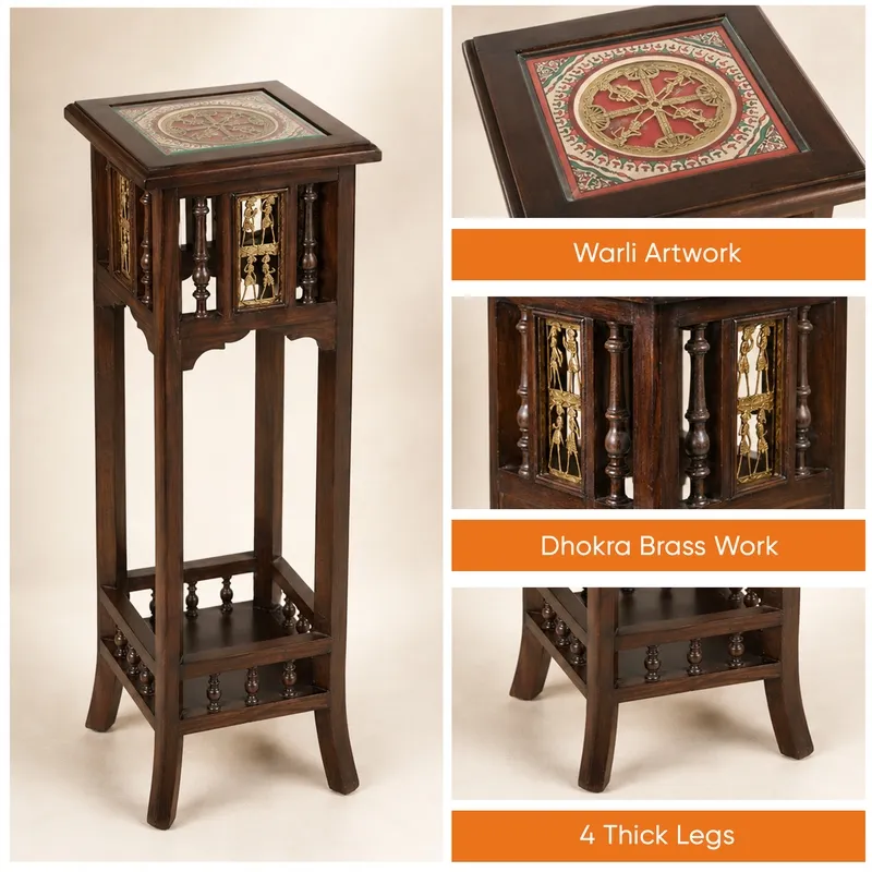 Collage showing the side table, tabletop artwork, side panels and lower rail details.