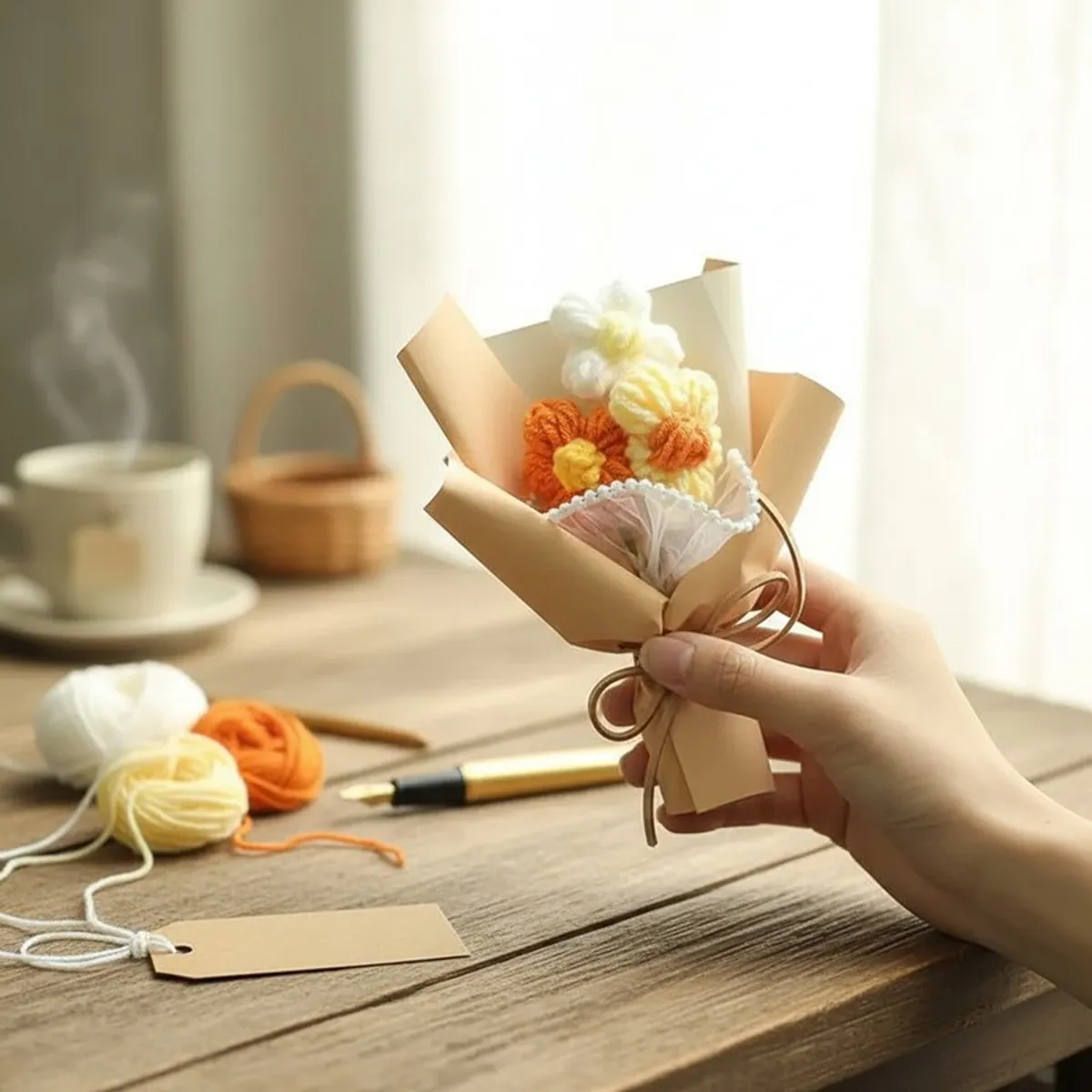 Hand holding the crochet flower arrangement beside yarn, a pen and a blank gift tag.