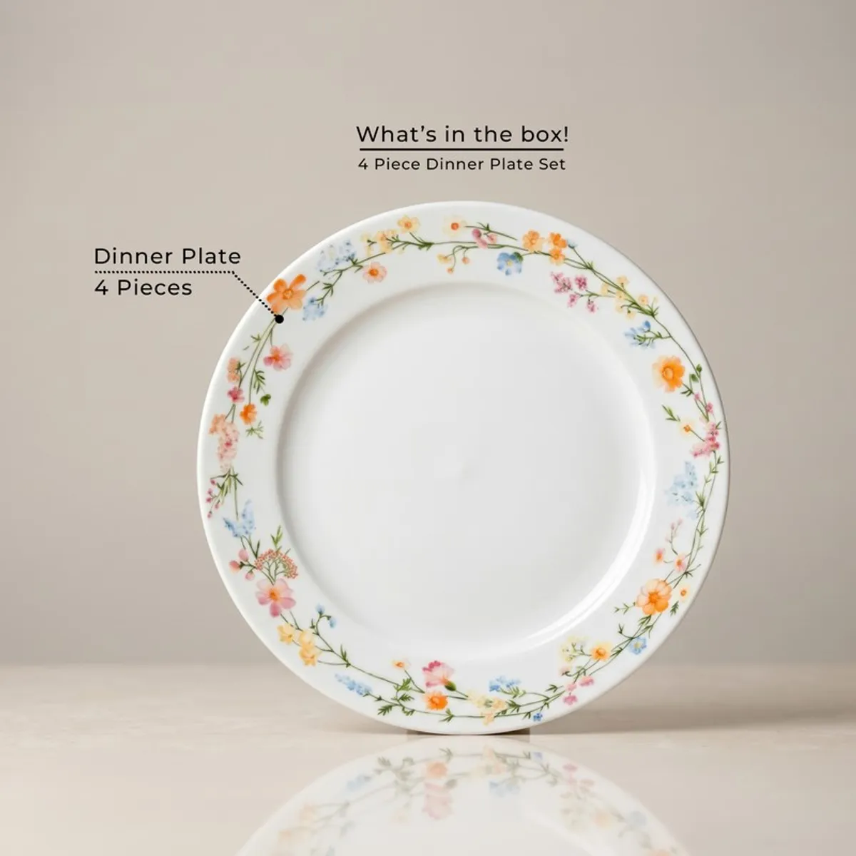 Single round white dinner plate with multicolour floral vine rim