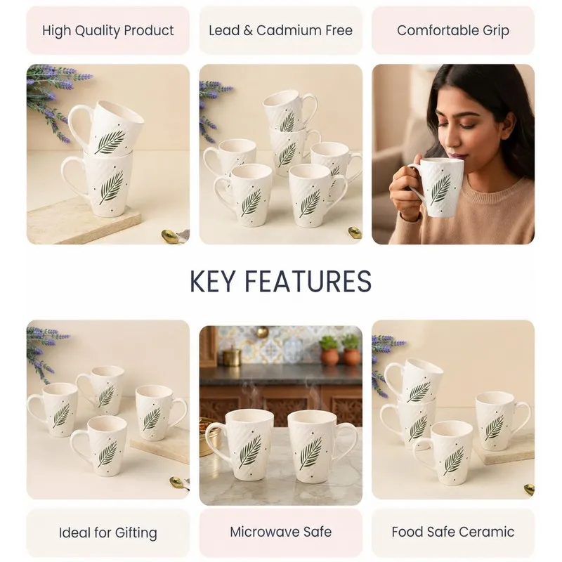 White leaf-print mugs shown in styled product feature scenes