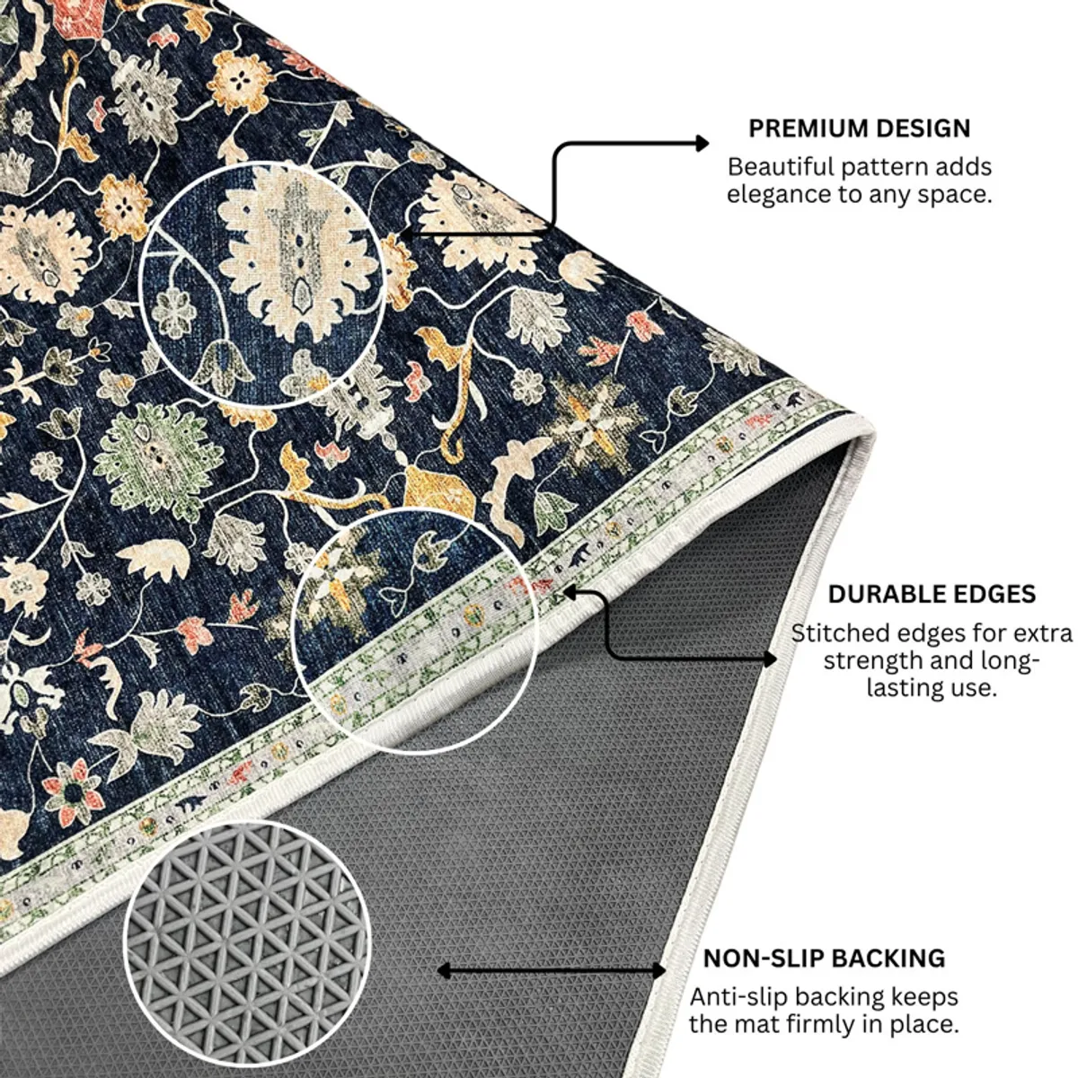 Close-up of the floral carpet showing its patterned surface and anti-slip backing