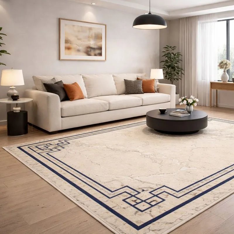 Large beige carpet with abstract pattern and double-line border in living room