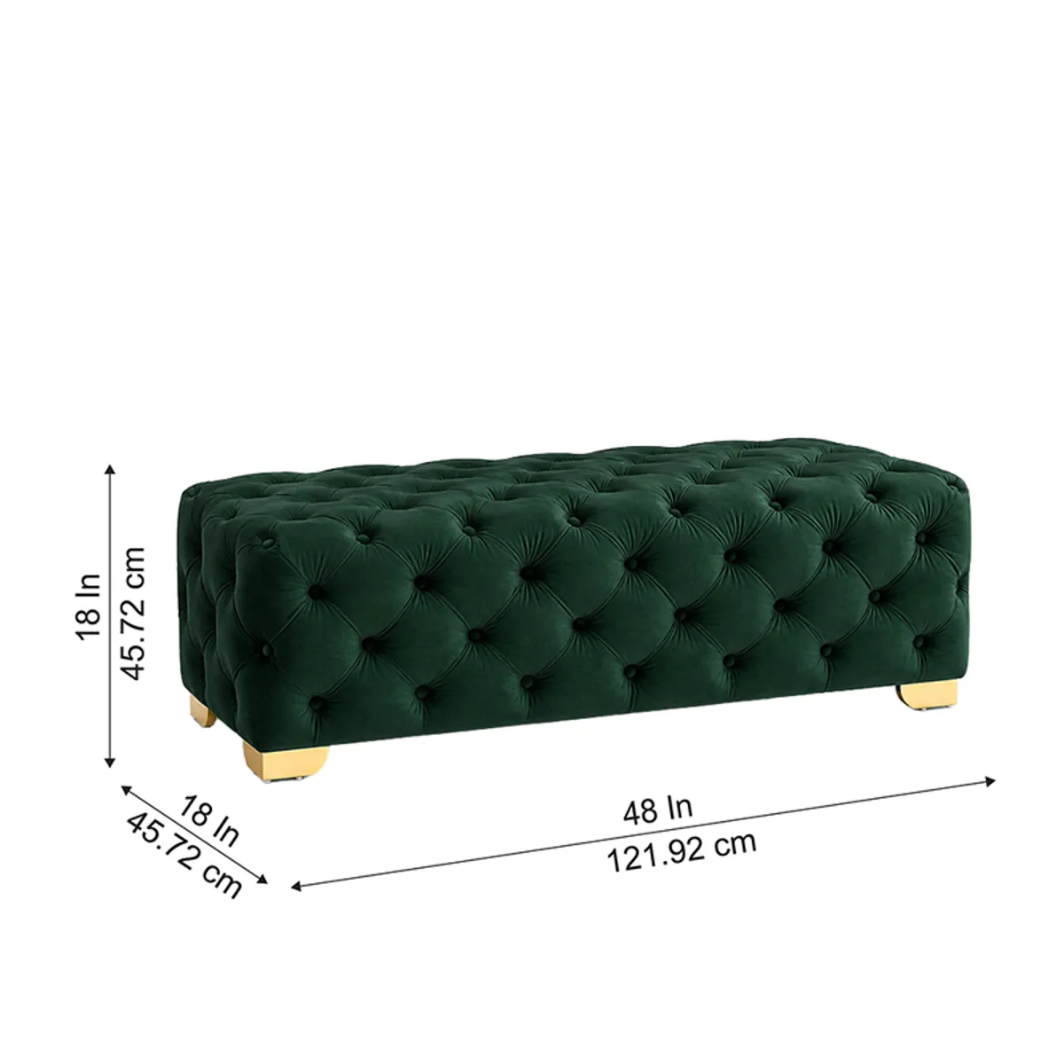 Green velvet tufted bench shown with its length, depth and height measurements