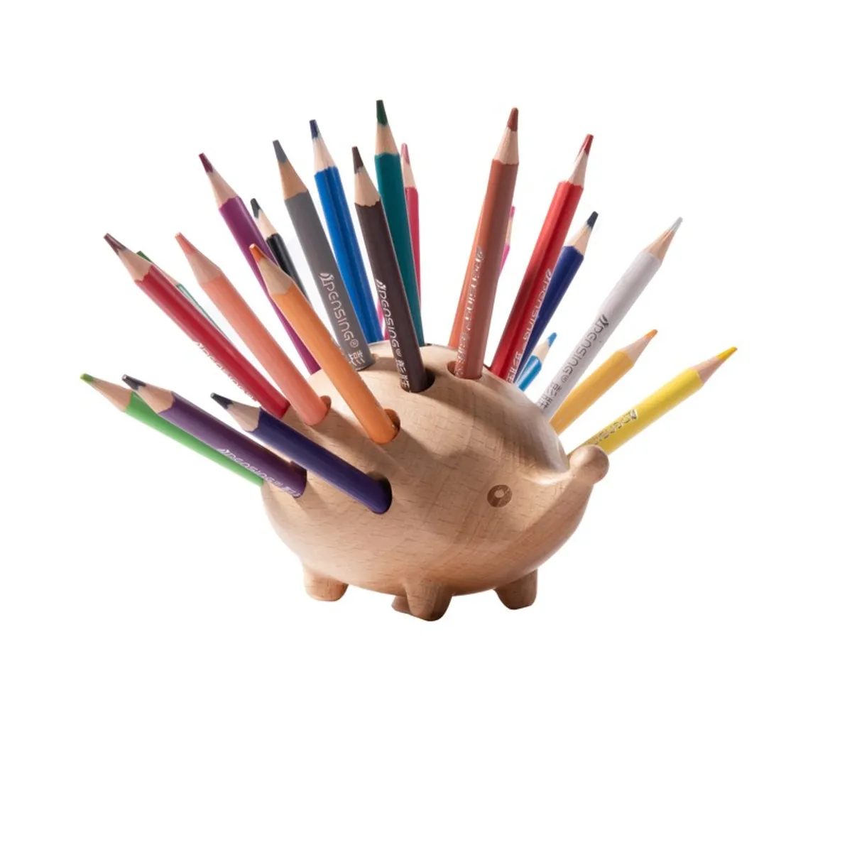 Wooden hedgehog pencil organiser on a white background