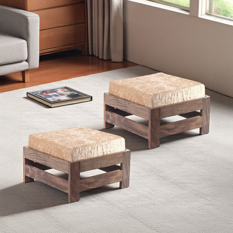 Mavex Sheesham Wooden Stool With Cushions (Beige) - Set of Two