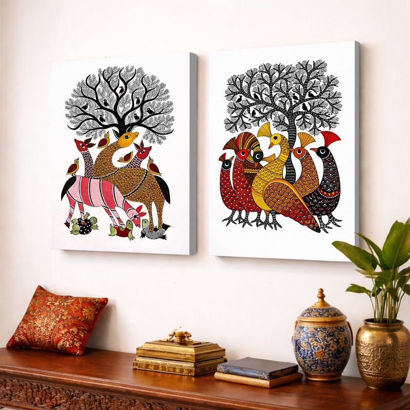 Birdsong Bloom Canvas Wall Painting - Set of Two