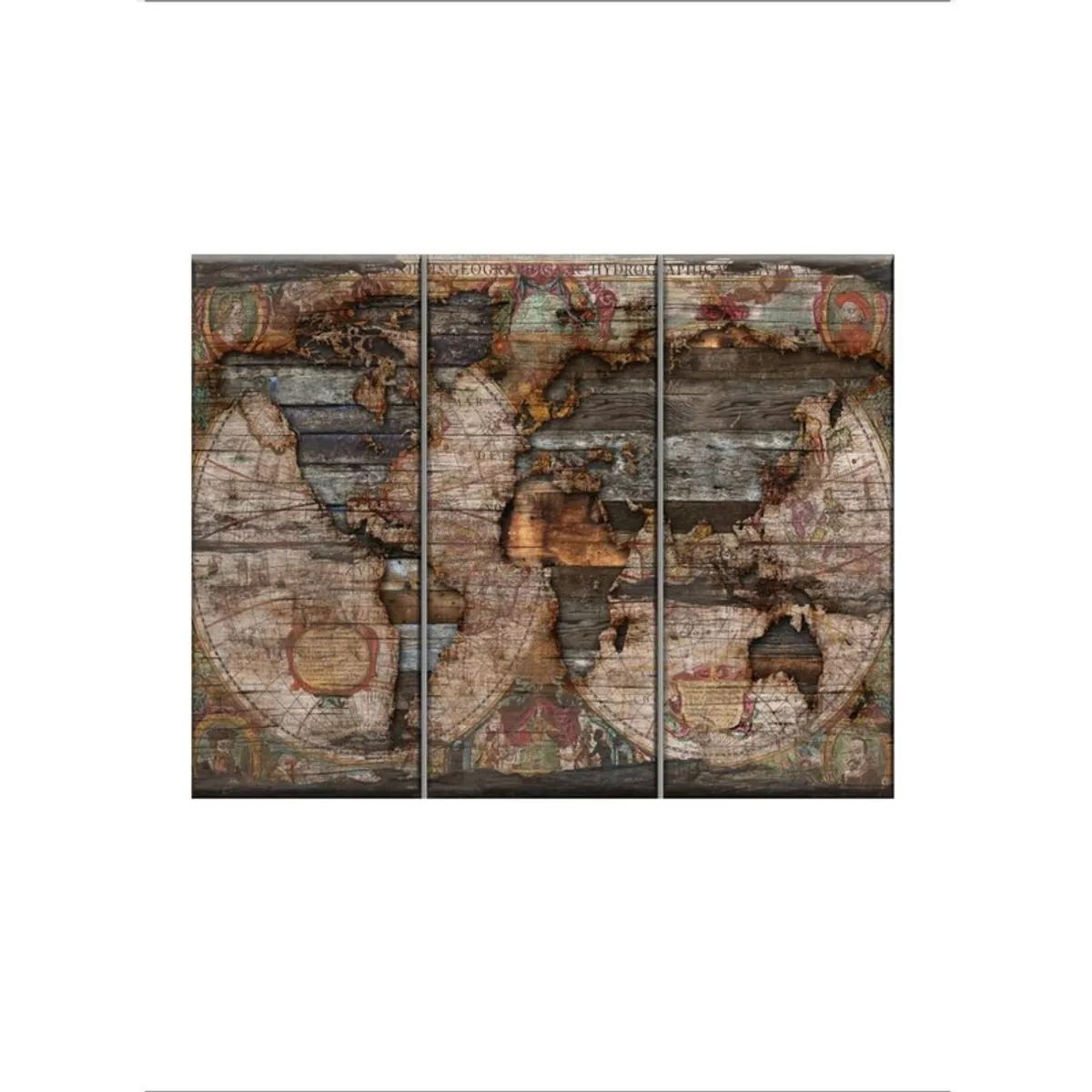 Front view of the vintage world map canvas wall painting set