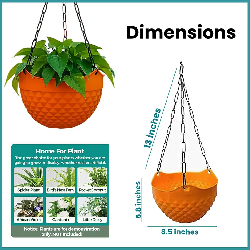 Orange hanging planter with chain and dimension illustration