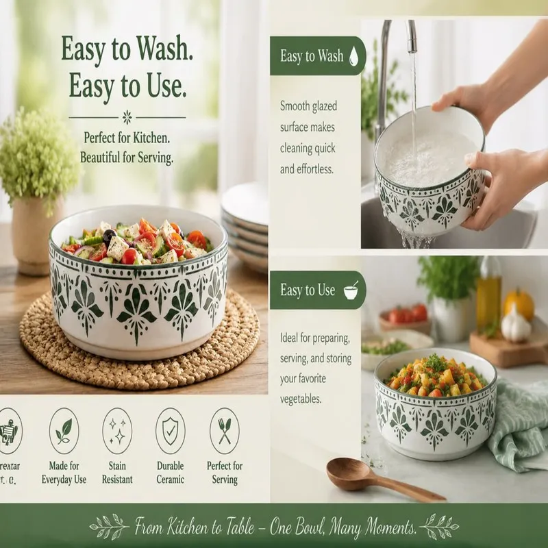 Green floral ceramic bowl being rinsed under running water